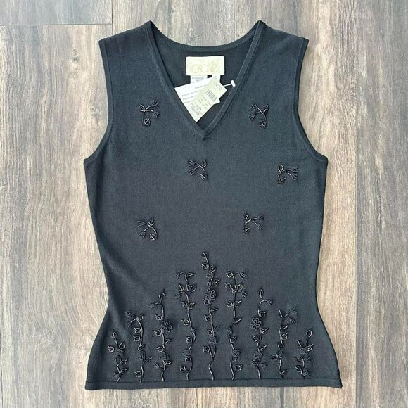 NWT Cache Gold Tag Shirt Floral Beaded Black Sleeveless Sweater Vest VNeck Small - Picture 1 of 5
